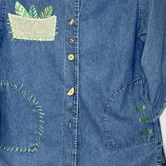 Vintage On the Rocks Womens Artsy Jean Jacket Medium Button Front Collarless USA - Picture 3 of 11